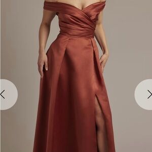 Satin Off-the-Shoulder Ball Gown Dress in Cinnamon
